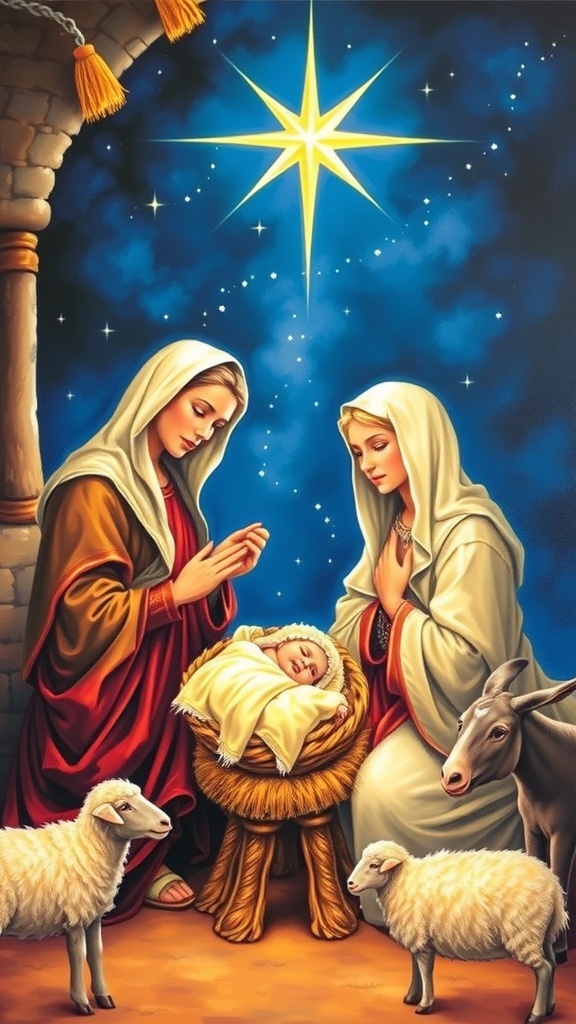 A nativity scene painting with Mary, Joseph, and baby Jesus in a stable under a starry night sky.